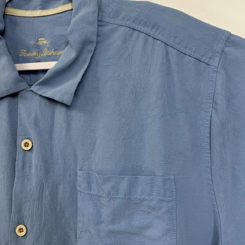 Tommy Bahama Button Shirt Size XXL Blue Silk Short Sleeve Loop Collar Coastal